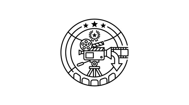 Film Making Icon: Vintage Camera, Clapperboard, Film Reel & Stars in Circular Emblem