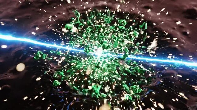 Glowing virus particle struck by blue laser beam disintegrates into sparks on dark cellular background, showing medical 3d germ destruction, infection control, microscopic combat and biohazard concept