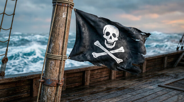 Mockup hiperrealista de una bandera pirata negra ondeando sobre un m&aacute;stil de madera envejecida en la cubierta de un gale&oacute;n. Fondo con oc&eacute;ano y cielo dram&aacute;tico desenfocados. 