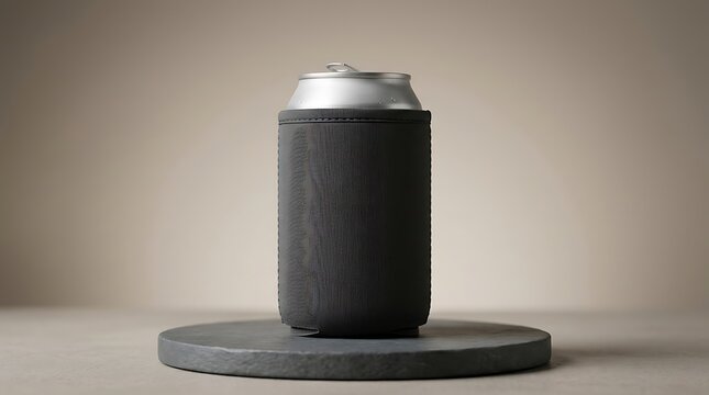 Black beer can cooler sleeve on a round stone pedestal. koozie mockup