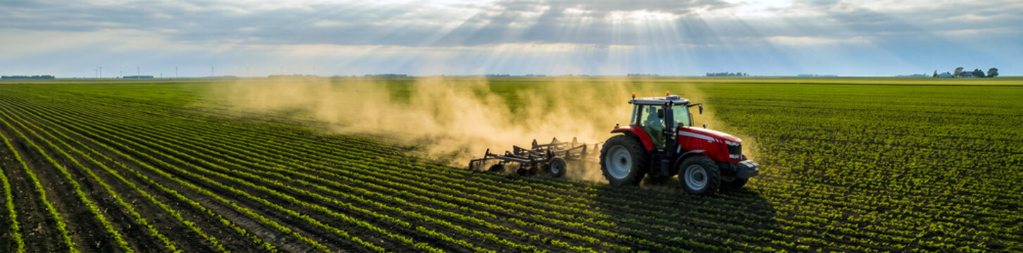 Aerial wide view of a red agricultural tractor plowing a vast green crop field, kicking up a dust cloud under dramatic sunbeams breaking through clouds. Farming and industry concept.