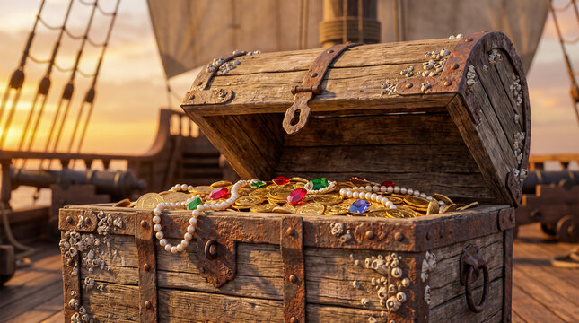 Mockup de un cofre del tesoro de madera envejecida con herrajes met&aacute;licos abiertos mostrando monedas de oro, perlas y joyas. Fondo con cubierta de barco pirata desenfocada e iluminaci&oacute;n c&aacute;lida.