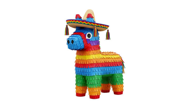 Colorful donkey pinata wearing a traditional mexican sombrero hat for a party celebration