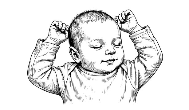 Hand Drawn Newborn Baby Sleeping on Back Upper Body Sketch Vector Illustration