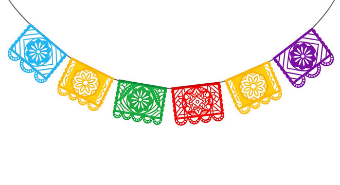 Colorful mexican papel picado bunting flags hanging on a string for festive celebration decor