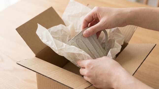 Small business packaging order of a ceramic mug in a cardboard box with tissue paper