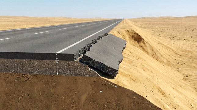 3D render diagram of a desert highway asphalt road collapsing due to soil subsidence and erosion beneath the pavement layers.