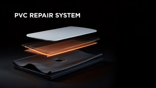 Exploded view diagram of a PVC repair system detailing step-by-step adhesive application layers on a dark background.