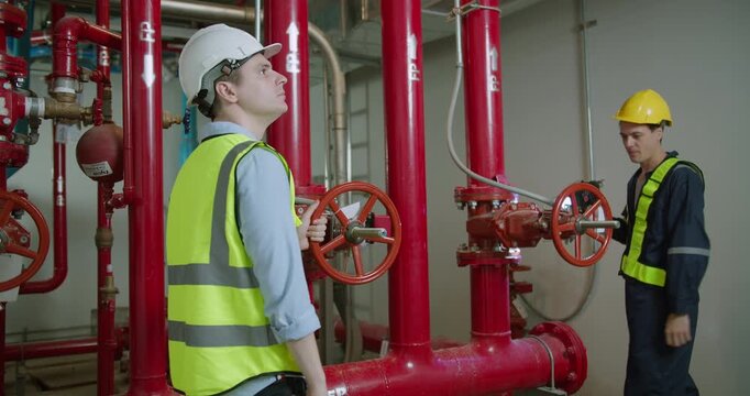 Two engineers conduct a detailed inspection of an industrial fire suppression system in a plant room, ensuring operational readiness and safety compliance.