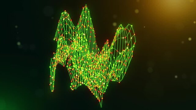 Dynamic Ecuador map animation built from interconnected neural nodes and flowing digital links over a green yellow orange bokeh background, representing AI and digital transformation.