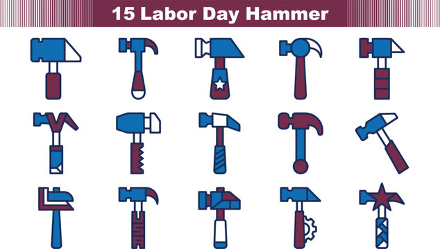 Colorful collection of fifteen different hammer icons for labor day celebration