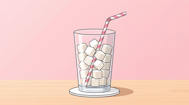 Glass filled with sugar cubes and striped straw on table. Conceptual art of high sugar beverage content.