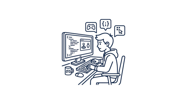 Young coder programming on computer, game development concept, creative ideas