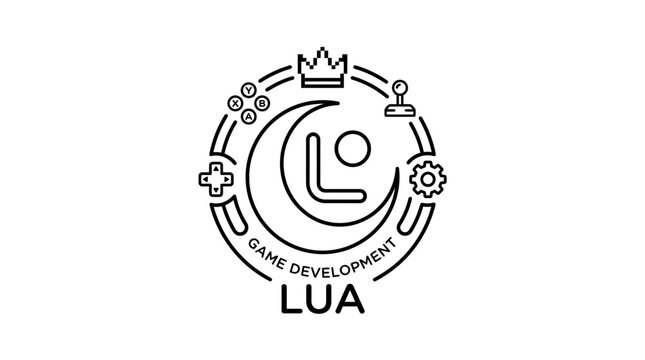 Game Development Lua Logo: Moon, Crown, Controller, Gear, Buttons, Joystick - Vector Art