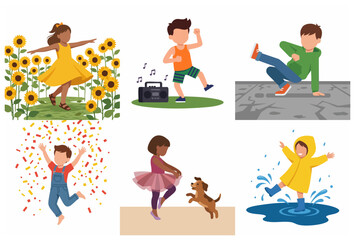 Fototapeta premium Set of Diverse Children Engaged in Joyful Activities and Outdoor Play Flat Vector Illustration