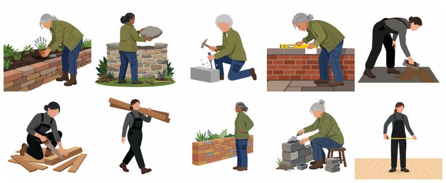 Flat vector illustration of diverse women engaged in construction, home renovation, landscaping, and carpentry tasks on a white background.