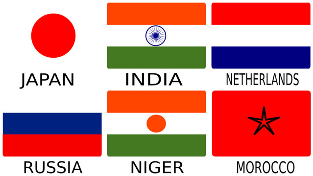 World Country Flags Set &ndash; Japan, India, Netherlands, Russia, Niger and Morocco Flat Vector Illustration