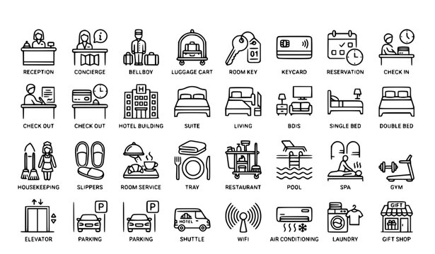 Hotel Service Thin Line Icon Set with Reception Concierge Housekeeping Room Service and Hospitality Editable Stroke Vector Collection