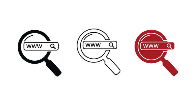 Three magnifying glass icons depicting search browser symbols in black white and red.