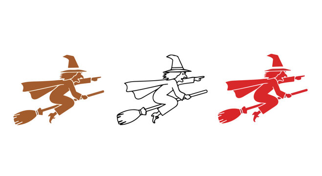 Three silhouettes of witches riding broomsticks in flight in brown, grayscale, and red.