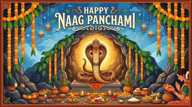 Happy Naag Panchami festival greeting banner with a crowned cobra snake deity inside a glowing cave, decorated with marigold garlands, traditional puja offerings, and a woman praying vector illustrati