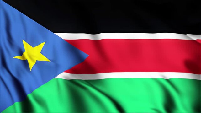 South sudan flag waving in wind creating cinematic motion for news broadcast or national celebration footage showing vibrant colors and symbolic star detail.