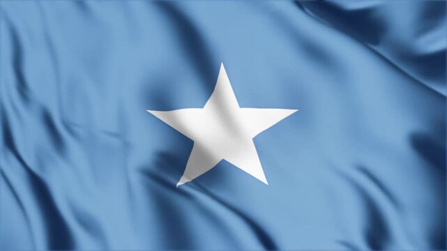 Somalia flag waving in wind during daylight with blue background and white star featuring smooth fabric texture and high quality cinematic motion graphics.