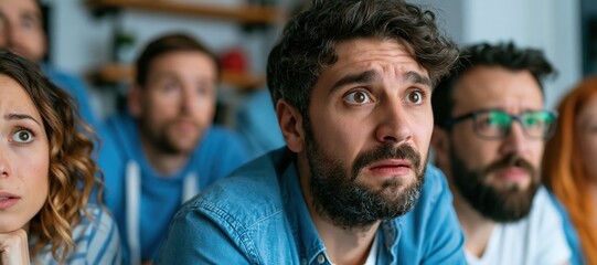 Fototapeta premium Group of fans watching sports game in suspense at home