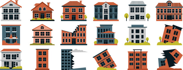 Fototapeta premium Set of stylized houses and apartment buildings showing intact structures and collapsing ruins, architectural decay, urban heritage, and disaster effects