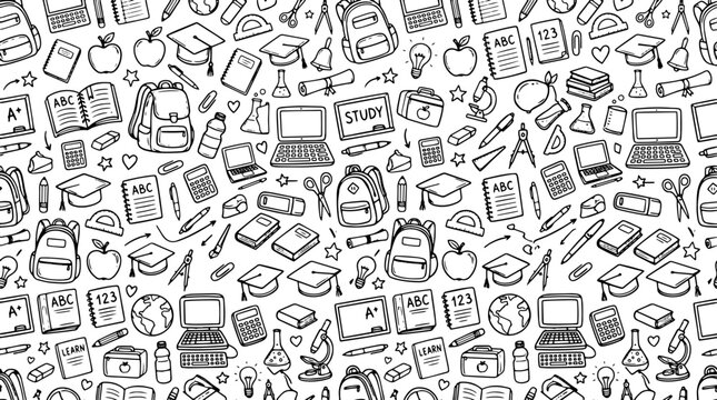 Seamless pattern with hand drawn doodle black line school and education icons.