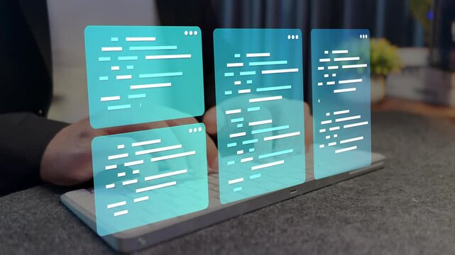Developer using laptop computer to write application code.
