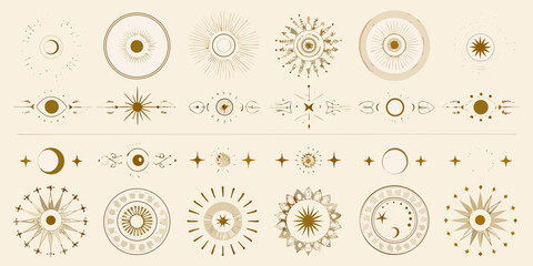 celestial gold dividers and circular frames featuring sun moon stars vector illustration astronomy cosmic ornament pattern design graphic element icon symbol © Ella