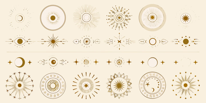 celestial gold dividers and circular frames featuring sun moon stars vector illustration astronomy cosmic ornament pattern design graphic element icon symbol