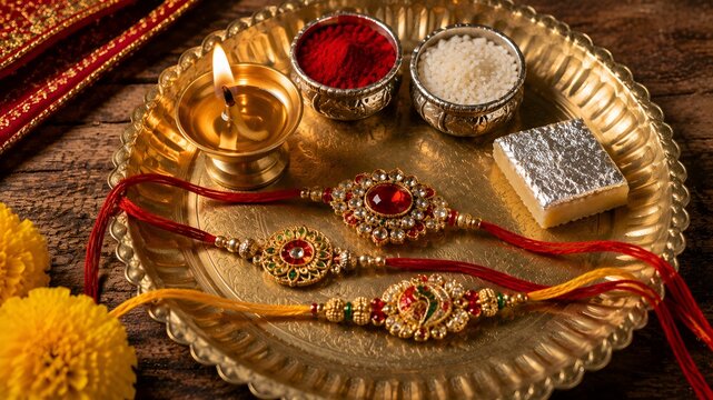 Traditional Raksha Bandhan Puja Thali with Beautiful Rakhis and Sweets