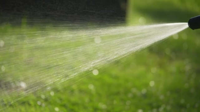 Backlit Garden Hose Spraying Fine Mist Over Green Grass in Slow Motion