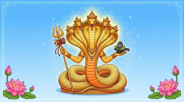 Happy Nag Panchami festival banner featuring five-headed golden cobra deity Nag Devta holding Lord Shiva trishul and shivling on a blue mandala background with lotus flowers.
