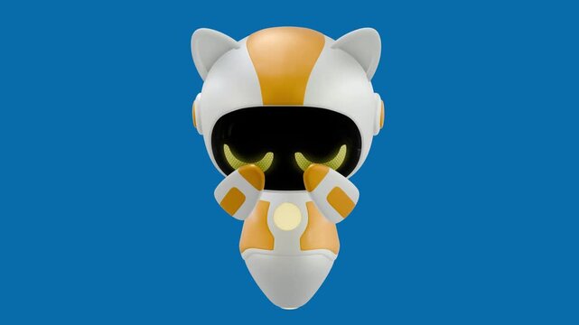 A 3D white and orange robot hides its face bashfully, bringing its hands to its face with worried.