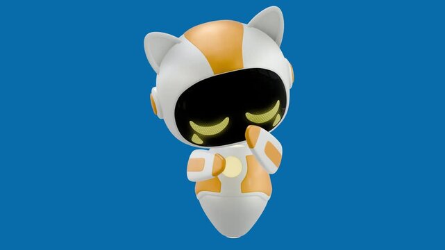 A 3D animated white and orange robot cat looks sad and bobs gently with crying.