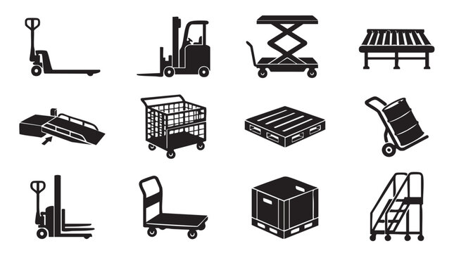 Warehouse, industrial, logistics icons, 12 forklift, pallet jack, scissor lift, hand truck, crate, platform symbols