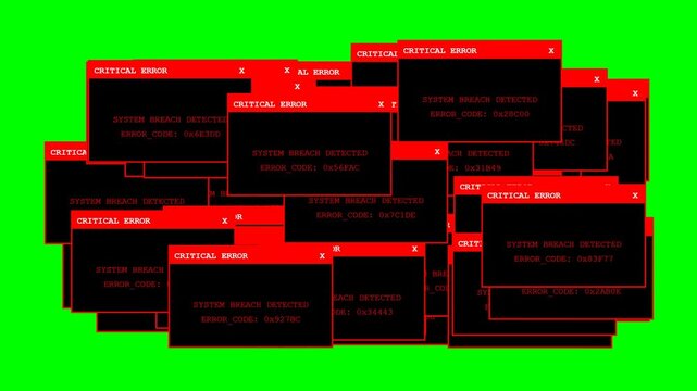 Multiple Critical Error and System Breach Detected Pop-up Windows Animation on Green Screen