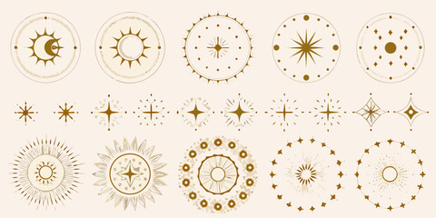 celestial gold dividers and circular frames featuring sun moon stars vector astronomy cosmic ornament pattern illustration design graphic art icon symbol © Ella