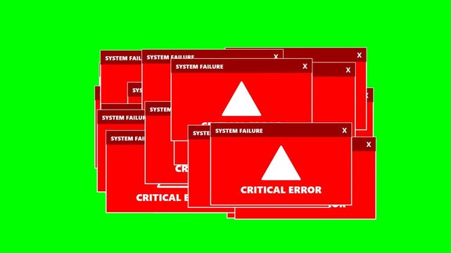 Multiple Red Critical Error and System Failure Warning Windows Overlapping on Green Screen Background