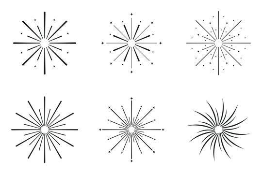 Vintage sunburst vector set starburst line icon collection for retro logo design geometric graphic emblem sparkle burst decoration