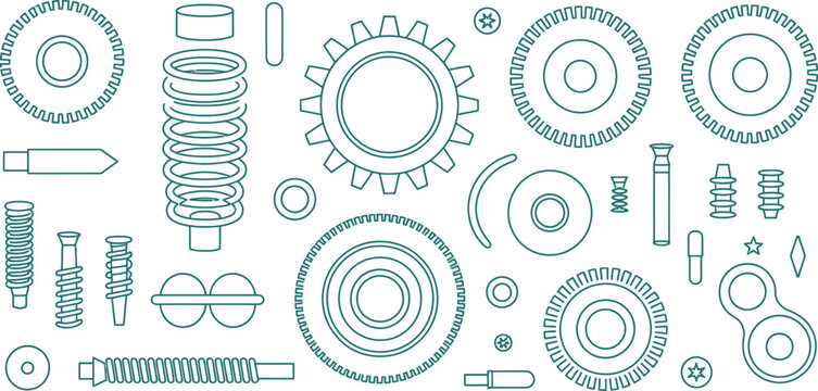 Mechanical gears, cogs, and screws set, blue vector icons, industrial tools collection