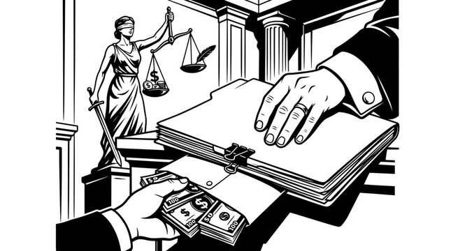 Hand passing cash bribe under legal file folder in courtroom