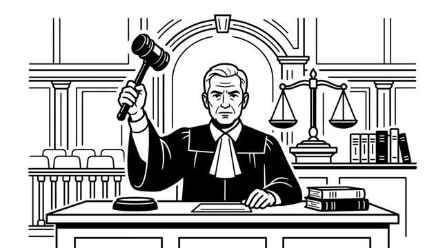 Judge sitting in courtroom with raised gavel and scales of justice