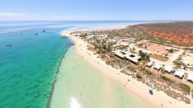 Aerial View of RAC Monkey Mia Dolphin Resort Jetty and Turquoise Beach, Denham, Shark Bay World Heritage Area, Western Australia