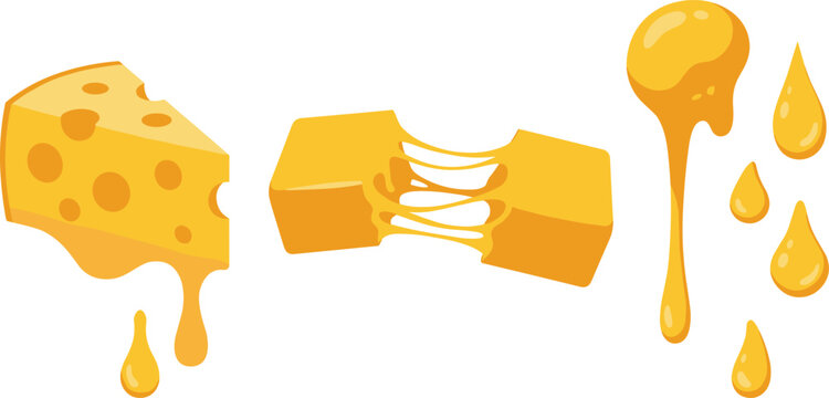 Cheese vector element set with melting dairy food including emmental wedge stretched mozzarella sticks dripping cheddar sauce and drops isolated on white