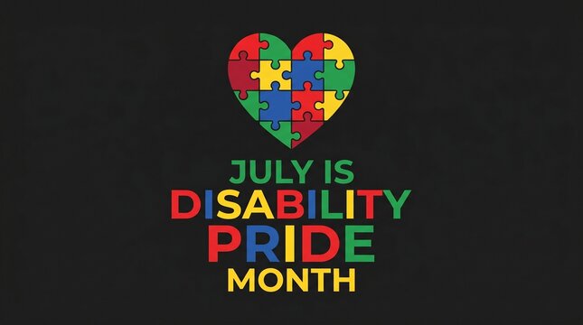 Puzzle piece heart with text disability pride month awareness illustration