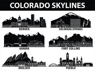 Black city skylines of six Colorado cities © VectEdge